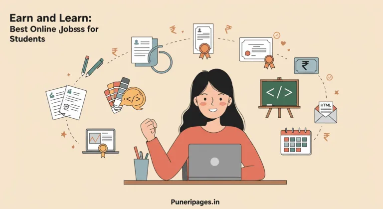 Illustration of a college student working online on a laptop, surrounded by icons representing online jobs like writing, designing, coding, and tutoring, with blog title text and puneripages.in.