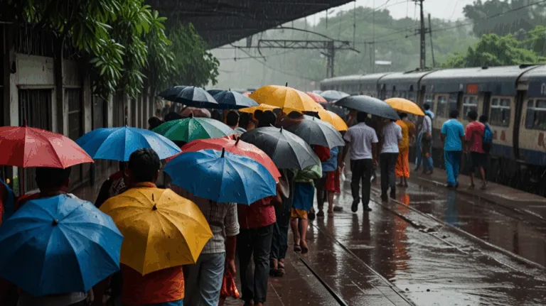 Crowded Pune local train platform with monsoon rush
