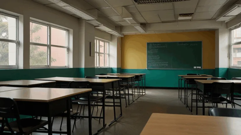 Empty junior college classroom with active coaching class in background