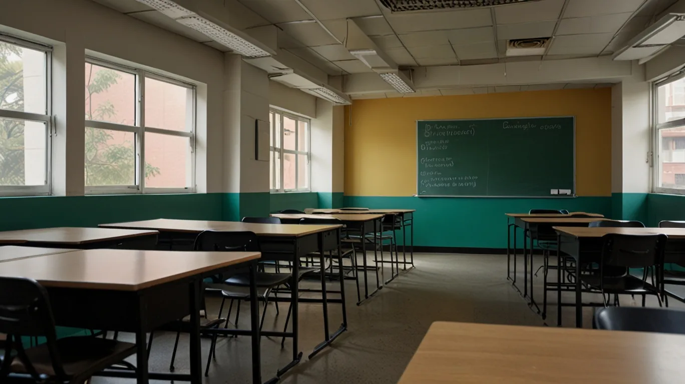 Empty junior college classroom with active coaching class in background