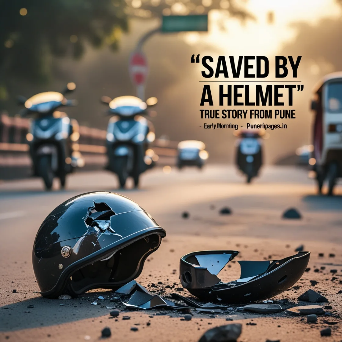 Damaged helmet on Bhukum road after Pune woman survives dragging accident.
