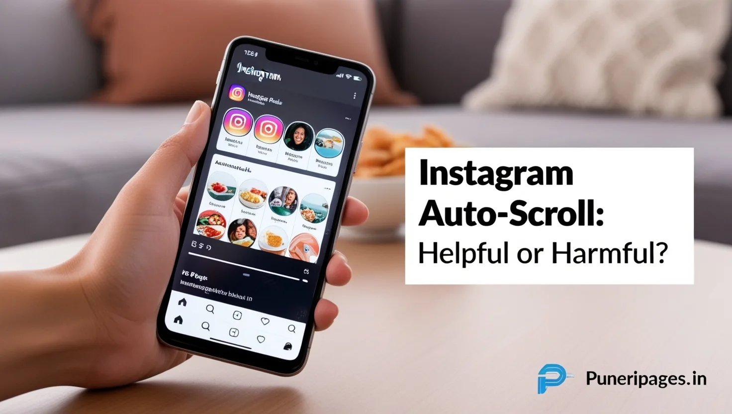 A phone displaying Instagram Reels auto-playing hands-free with overlay text "Instagram Auto-Scroll: Helpful or Harmful?" and branding from puneripages.in