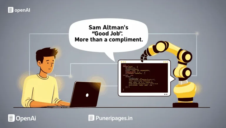 Illustration of a human coder being praised by Sam Altman as an AI robot watches on.