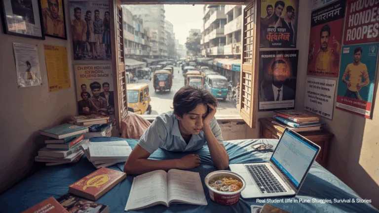 Struggling Pune student in a shared flat with books, laptop, and daily essentials