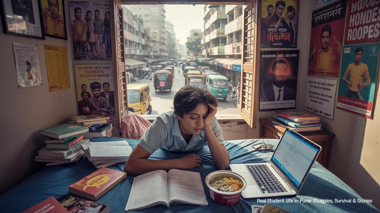 Struggling Pune student in a shared flat with books, laptop, and daily essentials
