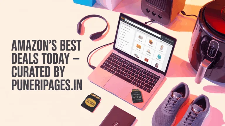 Flat lay image of top Amazon deals including Bluetooth neckband, memory card, air fryer, and Adidas shoes with text overlay "Amazon's Best Deals Today – Curated by PuneriPages.in"