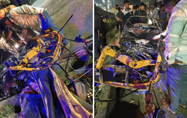 Fire brigade rescuing auto driver after crash on Bavdhan-Warje road