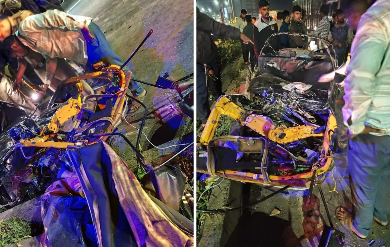 Fire brigade rescuing auto driver after crash on Bavdhan-Warje road