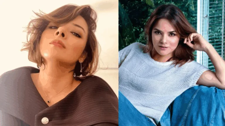 Split-image showing Udita Goswami as a Bollywood star and as a DJ, representing her transformation.