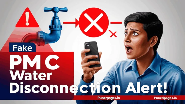 Alert Pune citizen checking fake SMS about PMC water disconnection with warning symbols and bold text warning