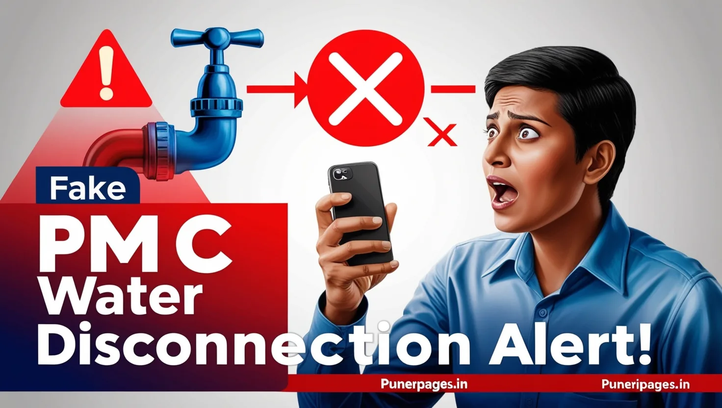 Alert Pune citizen checking fake SMS about PMC water disconnection with warning symbols and bold text warning