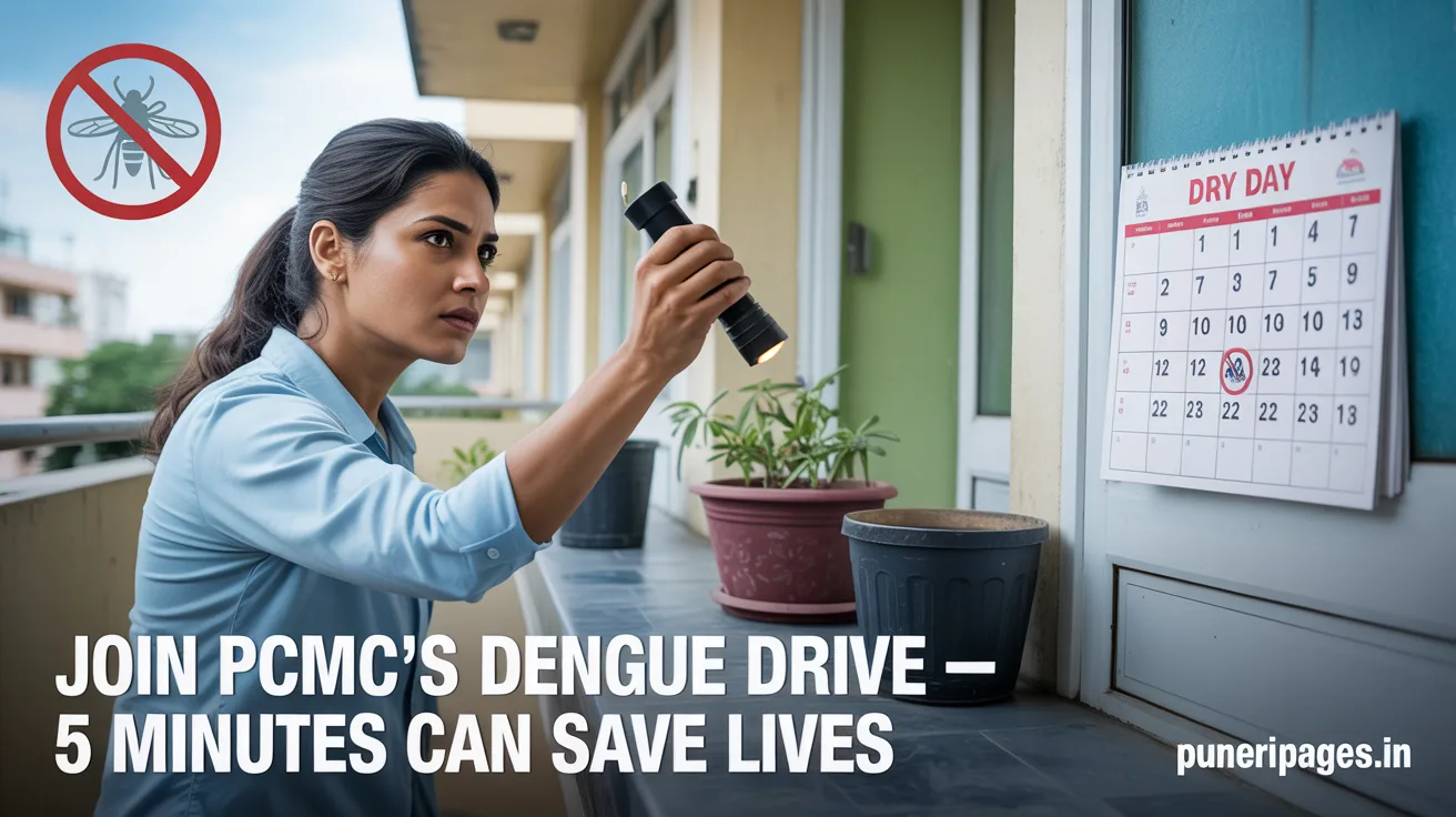 Resident inspecting home for mosquito breeding during PCMC dengue awareness campaign with alert text