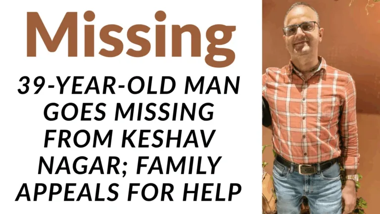 Missing person poster on a Pune streetlight, with a plea to help locate a man from Keshav Nagar.