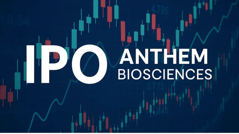 Anthem Biosciences IPO cover image showing a stock market graph over a pharmaceutical lab, with overlay text about buy, sell, or hold analysis.