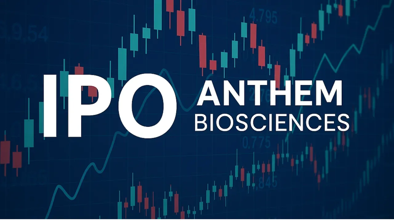 Anthem Biosciences IPO cover image showing a stock market graph over a pharmaceutical lab, with overlay text about buy, sell, or hold analysis.