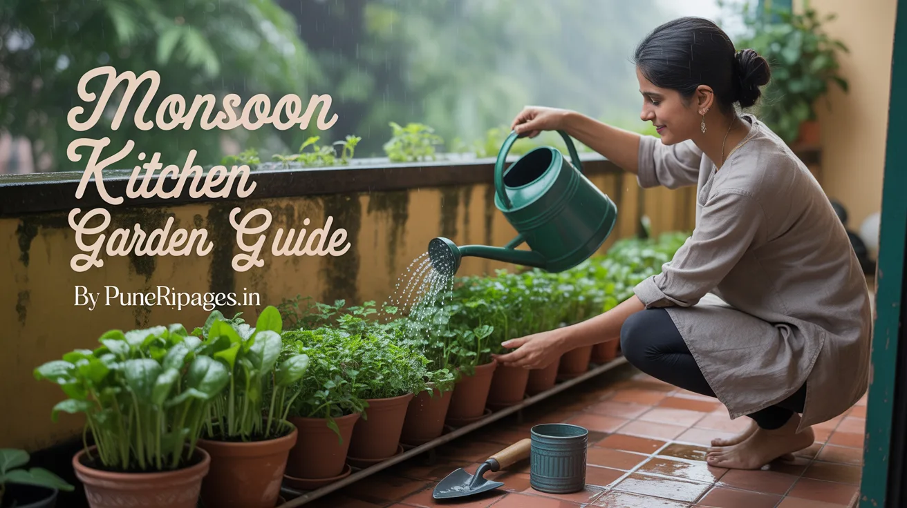 A Pune balcony kitchen garden in monsoon with leafy plants, gardening tools, and light rain.