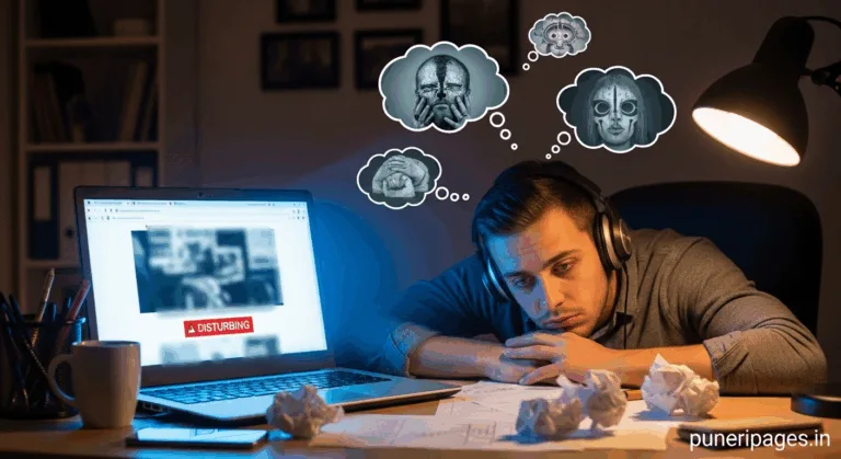 Content moderator reviewing flagged posts on laptop with signs of fatigue