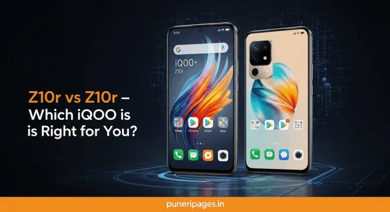 "iQOO Z10r vs Z10 comparison image featuring two smartphones with text overlay and puneripages.in branding"