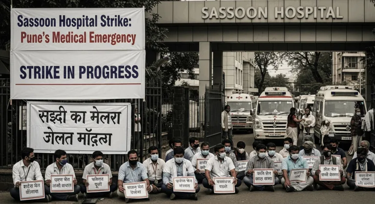 Sassoon Hospital entrance during strike with protesting staff and banners