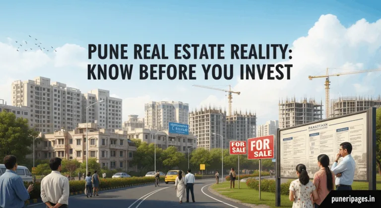 Illustration of Pune city with buildings, construction sites, and a family checking a property board with overlaid text: Pune Real Estate Reality: Know Before You Invest.