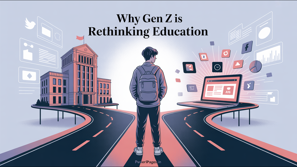Illustration of a Gen Z student choosing between college and digital learning, with text "Why Gen Z Is Rethinking Education" and puneripages.in.