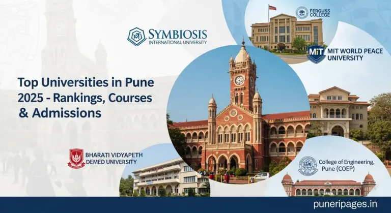Collage of top universities in Pune including Savitribai Phule Pune University, Symbiosis, Fergusson College, MIT-WPU, Bharati Vidyapeeth, and COEP, representing higher education excellence in 2025.