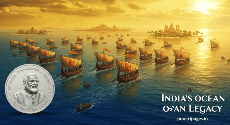Illustration of Rajendra Chola's navy on the Indian Ocean with Modi's commemorative coin and the title text "India's Ocean Legacy" for puneripages.in