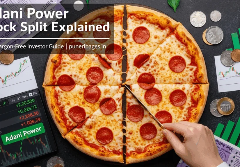 Illustration of a pizza slice being split into two to explain Adani Power stock split, symbolizing how shares are divided while value remains the same.