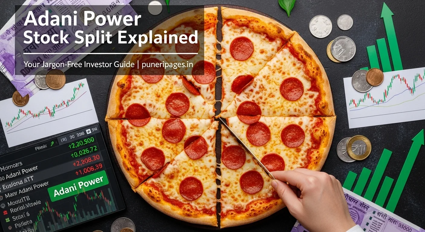 Illustration of a pizza slice being split into two to explain Adani Power stock split, symbolizing how shares are divided while value remains the same.
