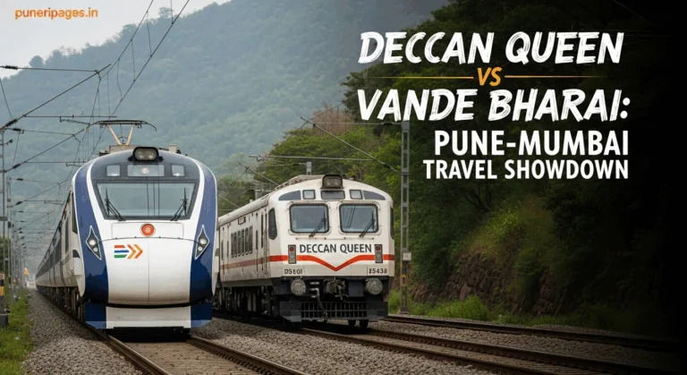Vande Bharat and Deccan Queen trains running side-by-side through scenic Maharashtra landscape with comparison title and puneripages.in logo.