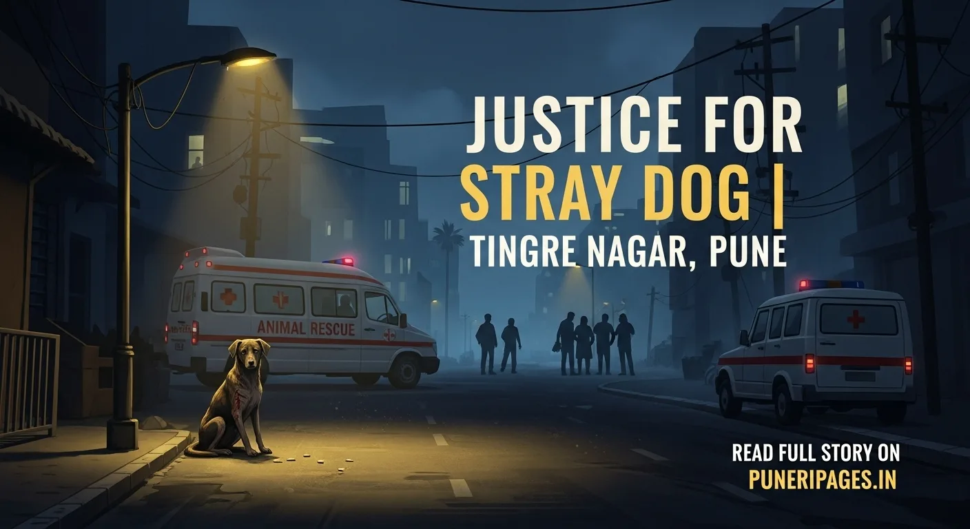 Sad stray dog under streetlight in Tingre Nagar, Pune, with citizens, animal rescue, and police van in the background. Text overlay: Justice for Stray Dog | Read more at puneripages.in