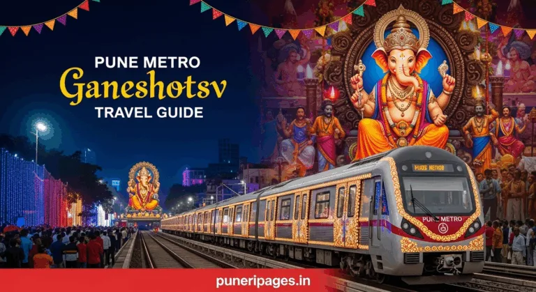 Cover image showing Pune Metro during Ganeshotsav with festive decorations, Ganpati idol, and crowds of devotees.