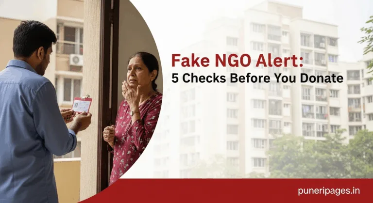 A person at a residential door asking for donations, with the text "Fake NGO Alert: 5 Checks Before You Donate" and the website name puneripages.in.