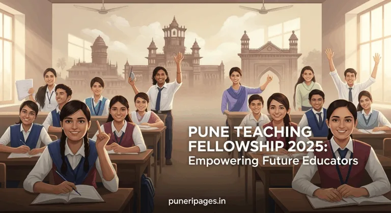 Group of young teaching fellows in a classroom in Pune with local landmarks in the background and text overlay promoting Pune Teaching Fellowship 2025 and puneripages.in