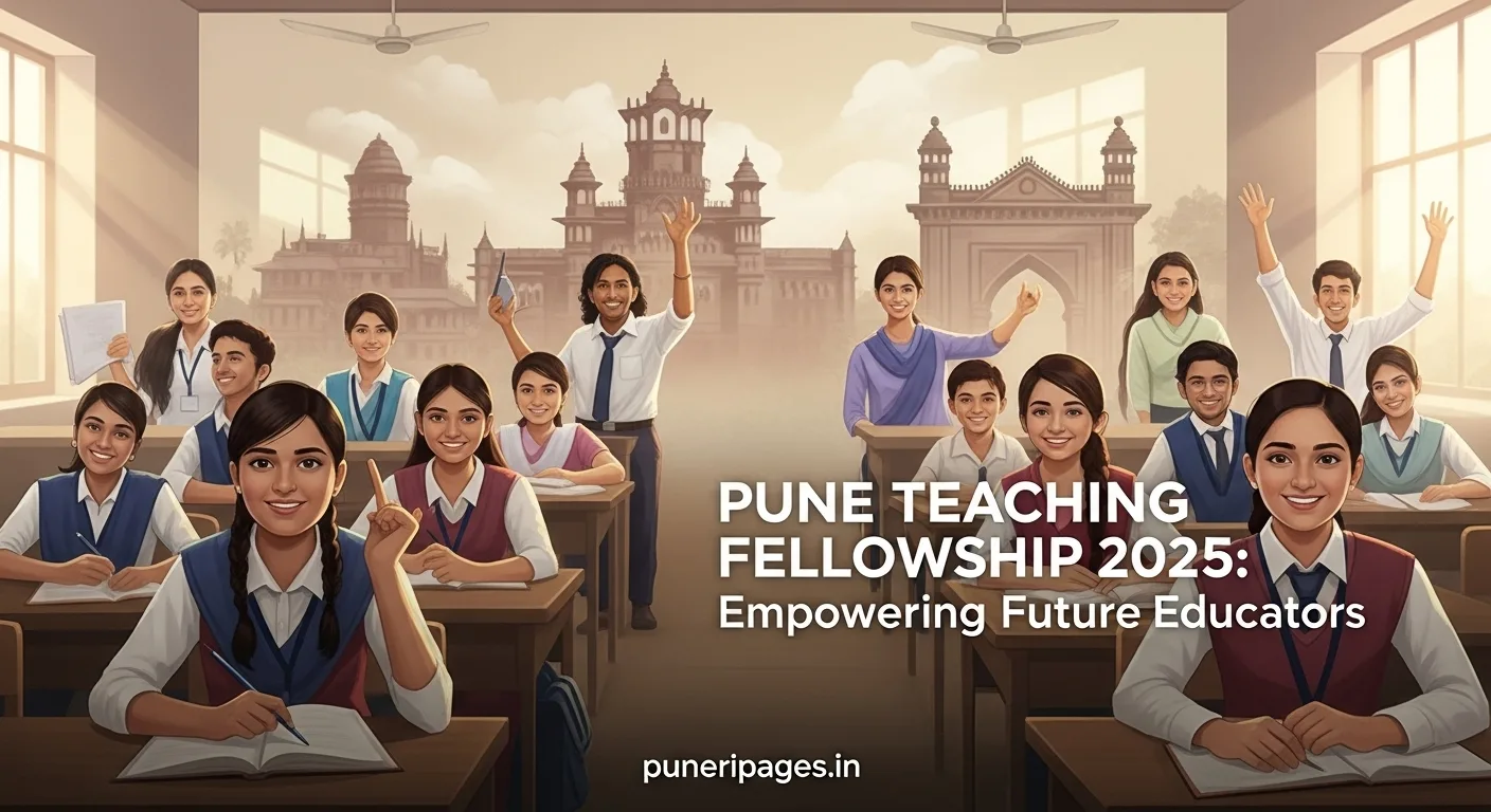 Group of young teaching fellows in a classroom in Pune with local landmarks in the background and text overlay promoting Pune Teaching Fellowship 2025 and puneripages.in