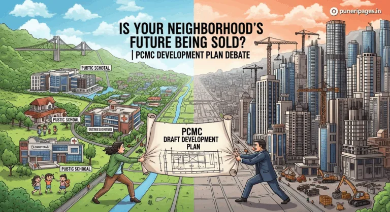 Illustration showing public vs private interests in PCMC development plan debate