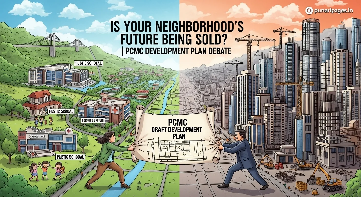 Illustration showing public vs private interests in PCMC development plan debate