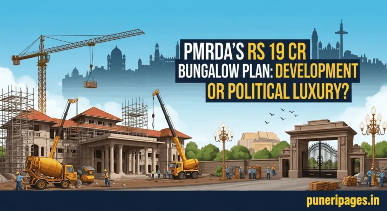 Illustration of PMRDA's proposed Raj Bhavan bungalow under construction in Pune with text overlay about the controversy.