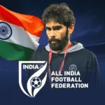 Khalid Jamil coaching the Indian national football team with roaring tigers and Indian flag elements.