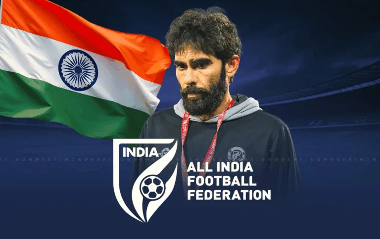 Khalid Jamil coaching the Indian national football team with roaring tigers and Indian flag elements.