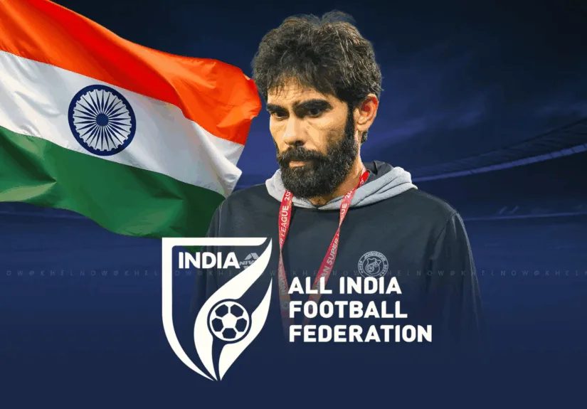 Khalid Jamil coaching the Indian national football team with roaring tigers and Indian flag elements.