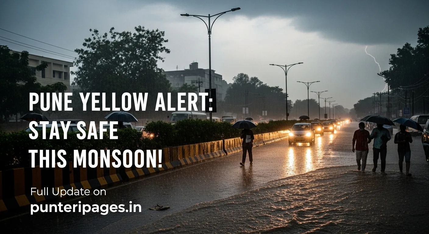 Heavy rain in Pune city with umbrellas, slow traffic, and waterlogged streets during Yellow Alert.