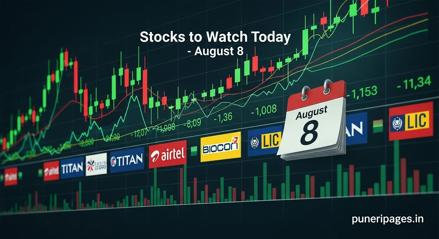 Stock market chart background with August 8 date and company names Titan, Airtel, Biocon, and LIC featured; "Stocks to Watch Today" and "puneripages.in" text overlay.
