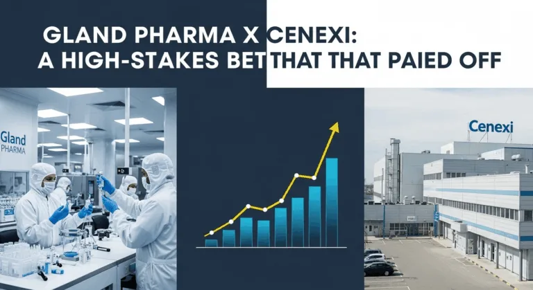 Illustration of Gland Pharma and Cenexi pharmaceutical facilities connected by a rising growth chart, symbolizing a successful international business turnaround