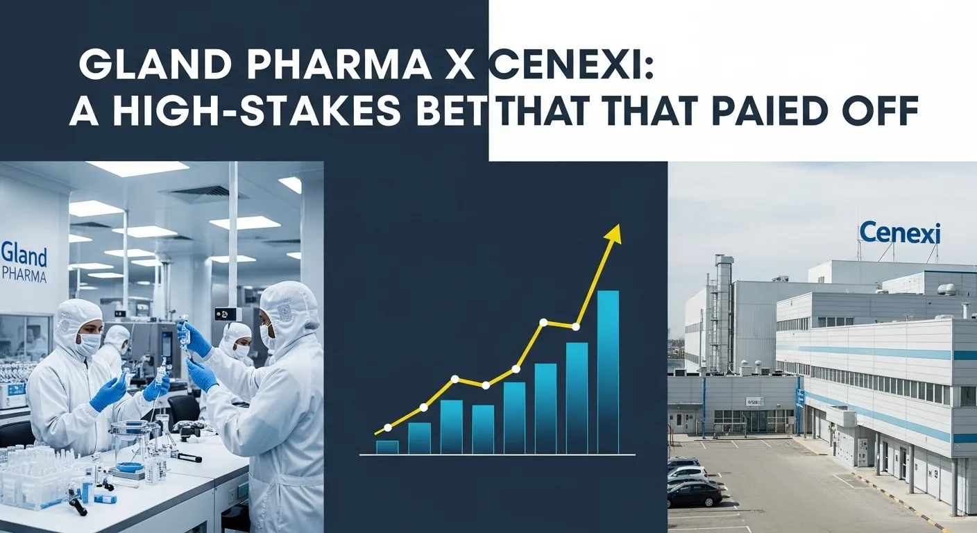 Illustration of Gland Pharma and Cenexi pharmaceutical facilities connected by a rising growth chart, symbolizing a successful international business turnaround