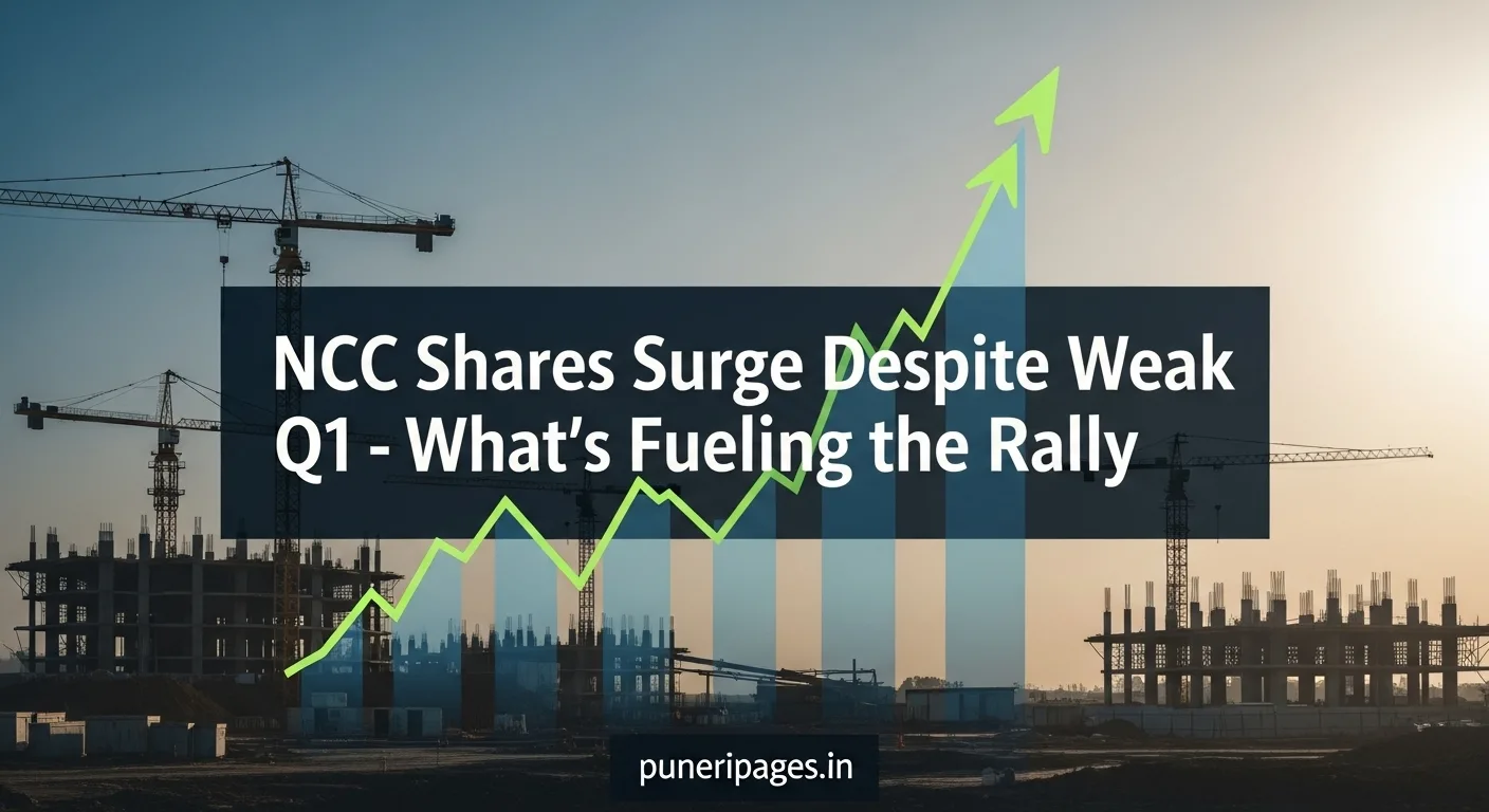 NCC stock chart rising above a construction site, highlighting market optimism despite weak Q1 results, with puneripages.in branding.