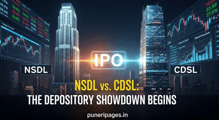 Illustration of NSDL and CDSL towers facing off with glowing IPO sign in between; represents competitive financial showdown.