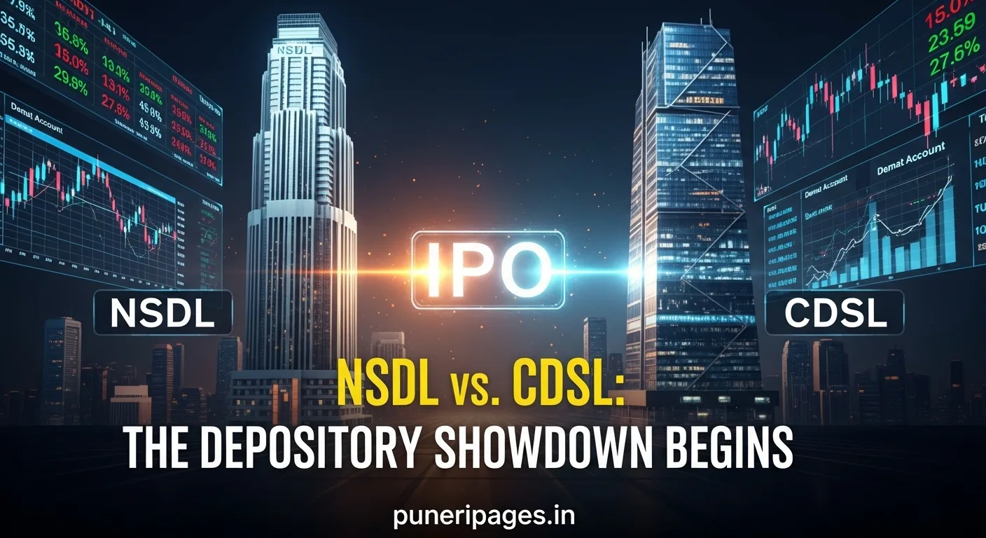 Illustration of NSDL and CDSL towers facing off with glowing IPO sign in between; represents competitive financial showdown.