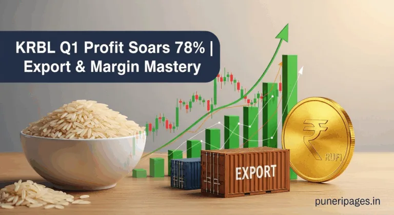 "Illustration of KRBL's Q1 success with a bowl of basmati rice, rising stock chart, and export elements, highlighting 78% profit surge"