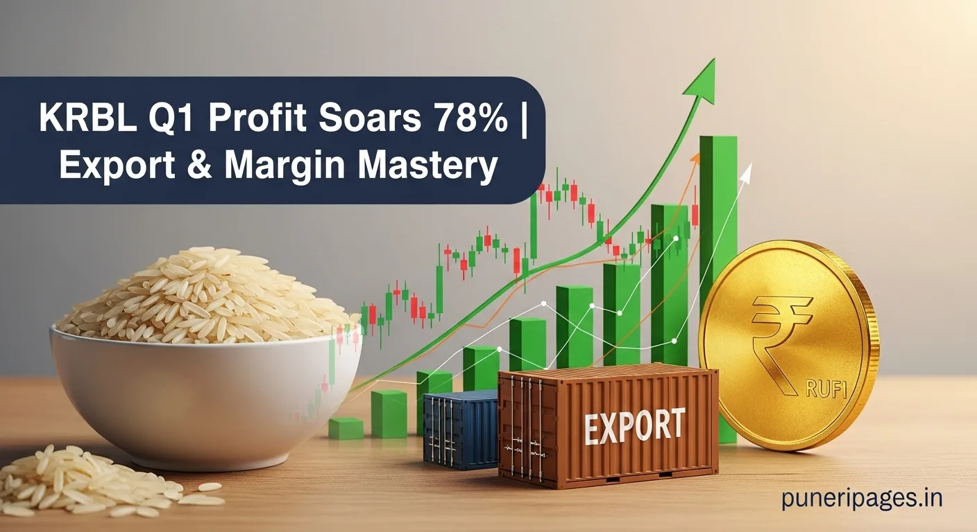 "Illustration of KRBL's Q1 success with a bowl of basmati rice, rising stock chart, and export elements, highlighting 78% profit surge"
